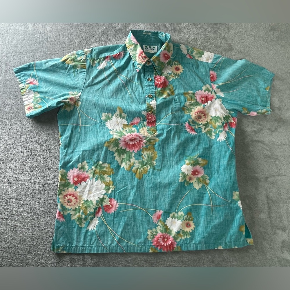 Vtg 80s Kalani Pullover 1/2 Button Blue Floral REVERSE PRINT Hawaiian Shirt